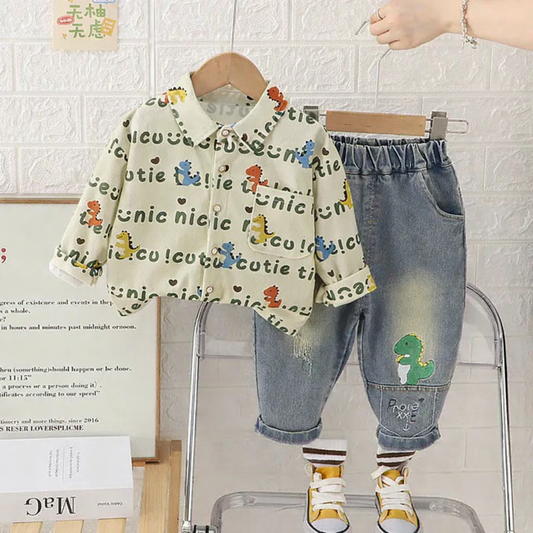 Boys Dinosaur Print Shirt & Denim Jeans 2 Pcs Set