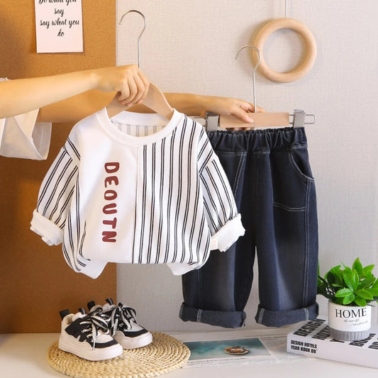 Boys White Striped Sweatshirt & Denim Jeans 2 Pcs Set Munchkin Studio