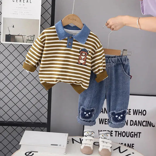Boys Striped Polo Sweatshirt & Bear Patch Denim 2 Pcs Set Munchkin Studio