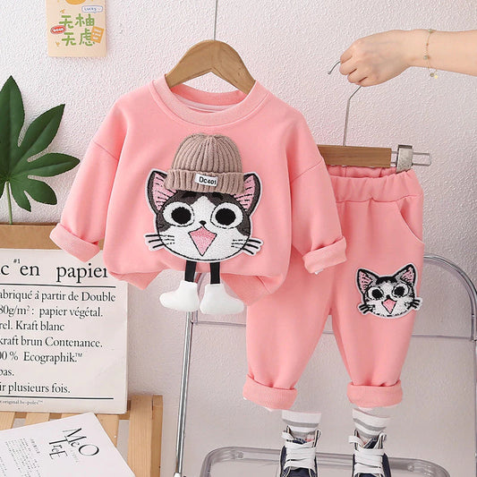 Girls Pink Cozy Cat Sweatshirt & Jogger Co-Ord Set Munchkin Studio