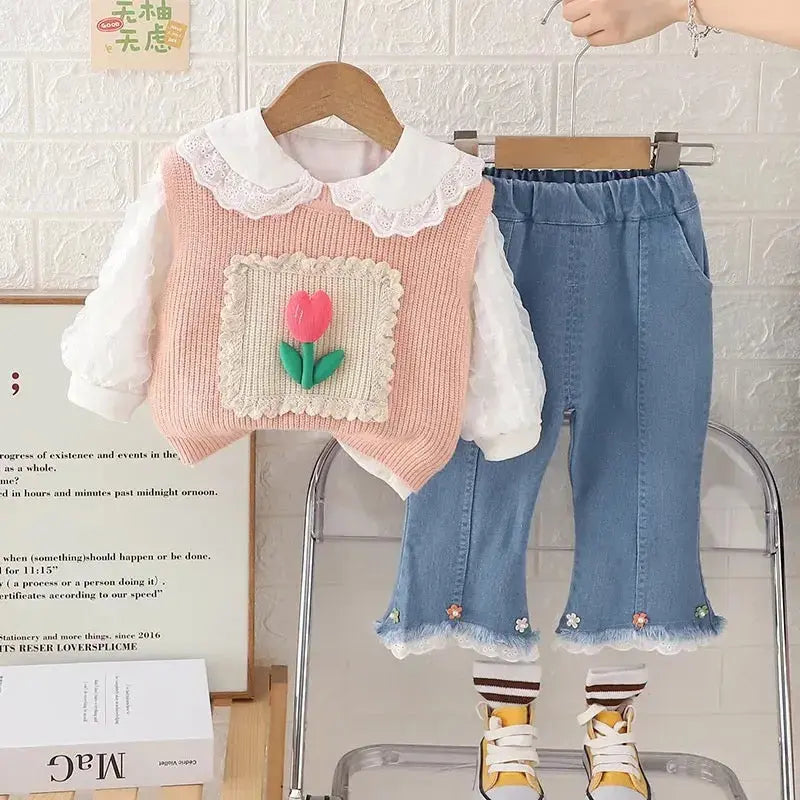 Girls Peach Tulip Knit & Denim 3 Pcs Set Munchkin Studio