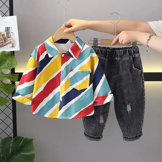 Boys Multicolor Striped Shirt & Black Denim Jeans 2 Pcs Set Munchkin Studio