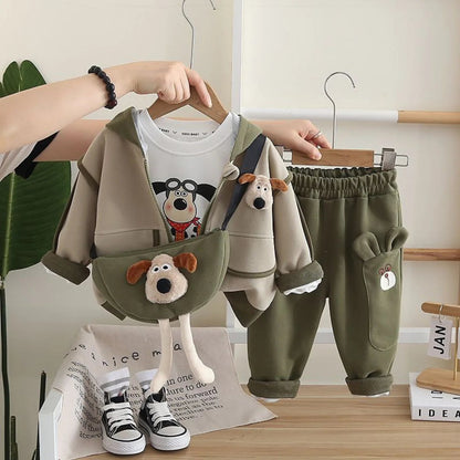 Boys Cartoon Dog Outfit with Crossbody Bag 3 Pcs Set Munchkin Studio