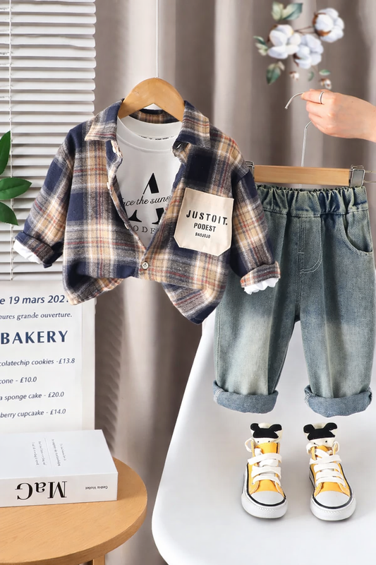 Premium Check Shirt with White T-shirt and Denim Jeans 3 Pcs Set