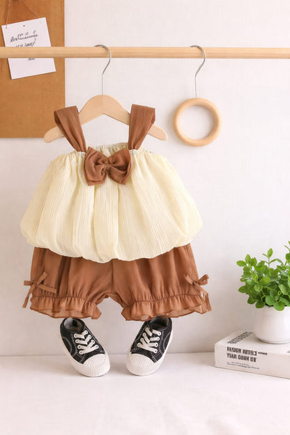 Girl Bow Strap Top & Ruffle Shorts 2 Pcs Set