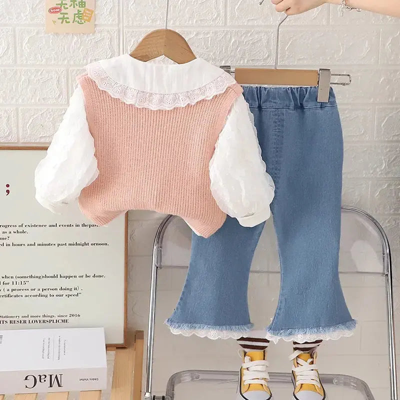 Girls Peach Tulip Knit & Denim 3 Pcs Set Munchkin Studio
