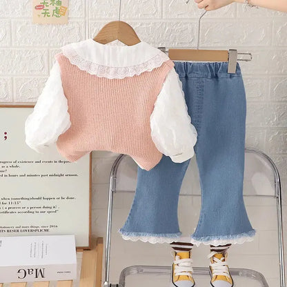 Girls Peach Tulip Knit & Denim 3 Pcs Set Munchkin Studio