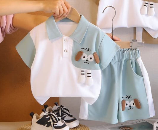 Boys Cute Puppy Polo Shirt & Shorts Co-Ord Set Munchkin Studio