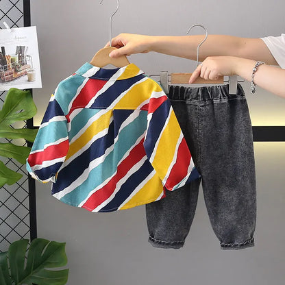Boys Multicolor Striped Shirt & Black Denim Jeans 2 Pcs Set Munchkin Studio