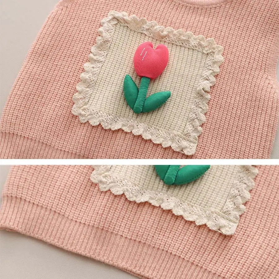 Girls Peach Tulip Knit & Denim 3 Pcs Set Munchkin Studio