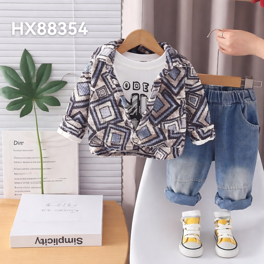 Boys Geometric Print Shirt, T-shirt & Denim Pants 3 Pcs Set