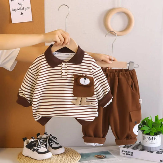 Boys Brown Striped Polo & Cargo Joggers 2 Pcs Set Munchkin Studio